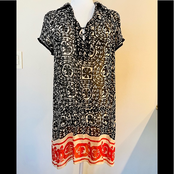 ANNA SUI Black Red Sheer Silk Border Print Lace Up Dress w Flounce. Size XS - Picture 10 of 10